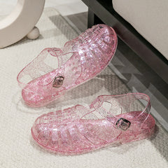 Crystal Flat Hollowed Sandals Roman Shoes Closed Toe Women's Sandals