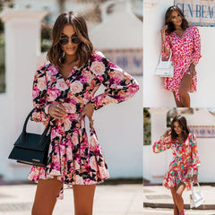 Long Sleeve V-neck Printed Waist-controlled Skirt Dress